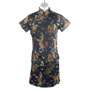 Laogudai Black Cheongsam Qipao Chinese Short Sleeve 2-Piece Skirt Set Size S